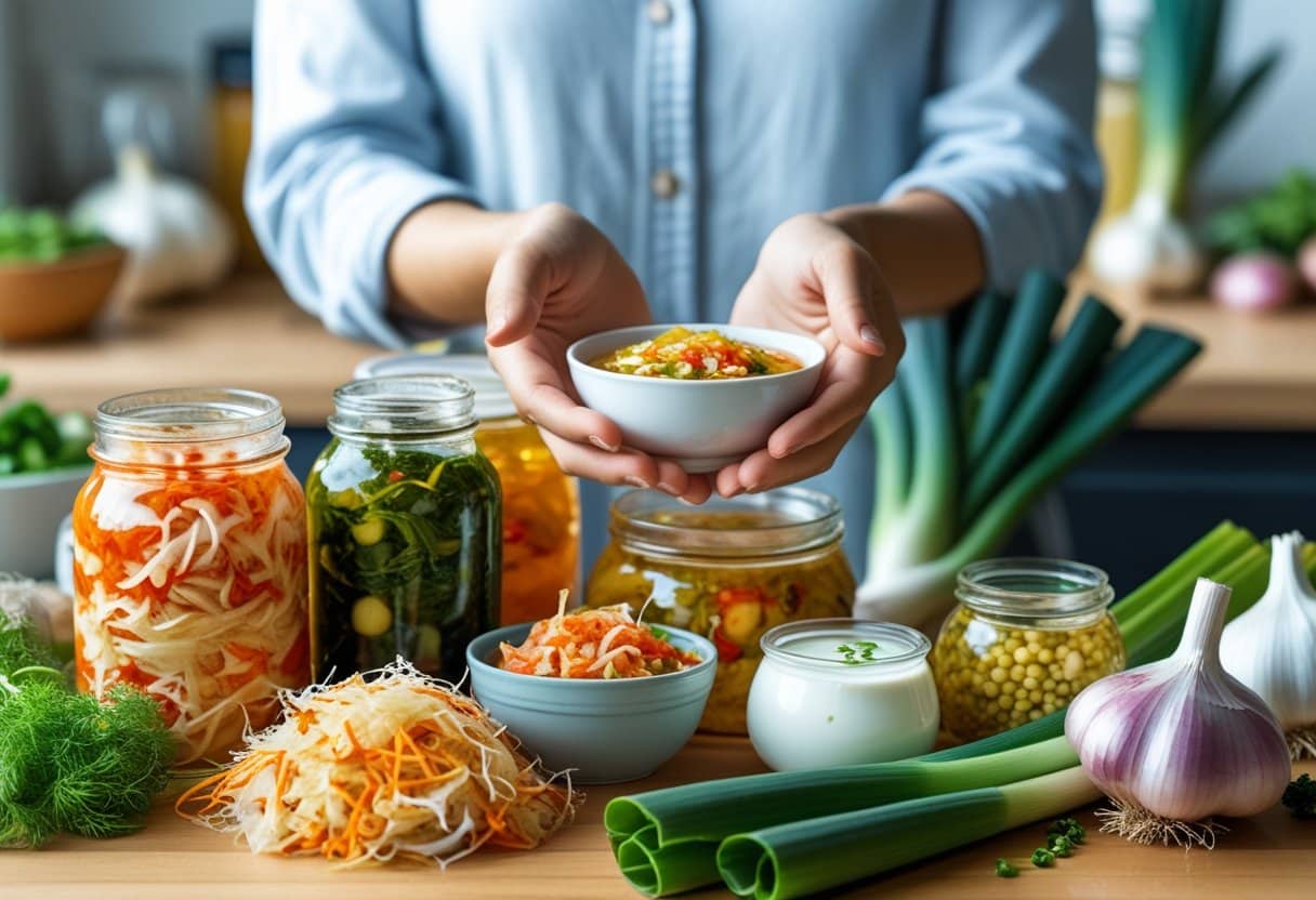 A kitchen table with jars of fermented foods like sauerkraut, kimchi, and yogurt, surrounded by fresh vegetables, with a person holding a bowl of yogurt.