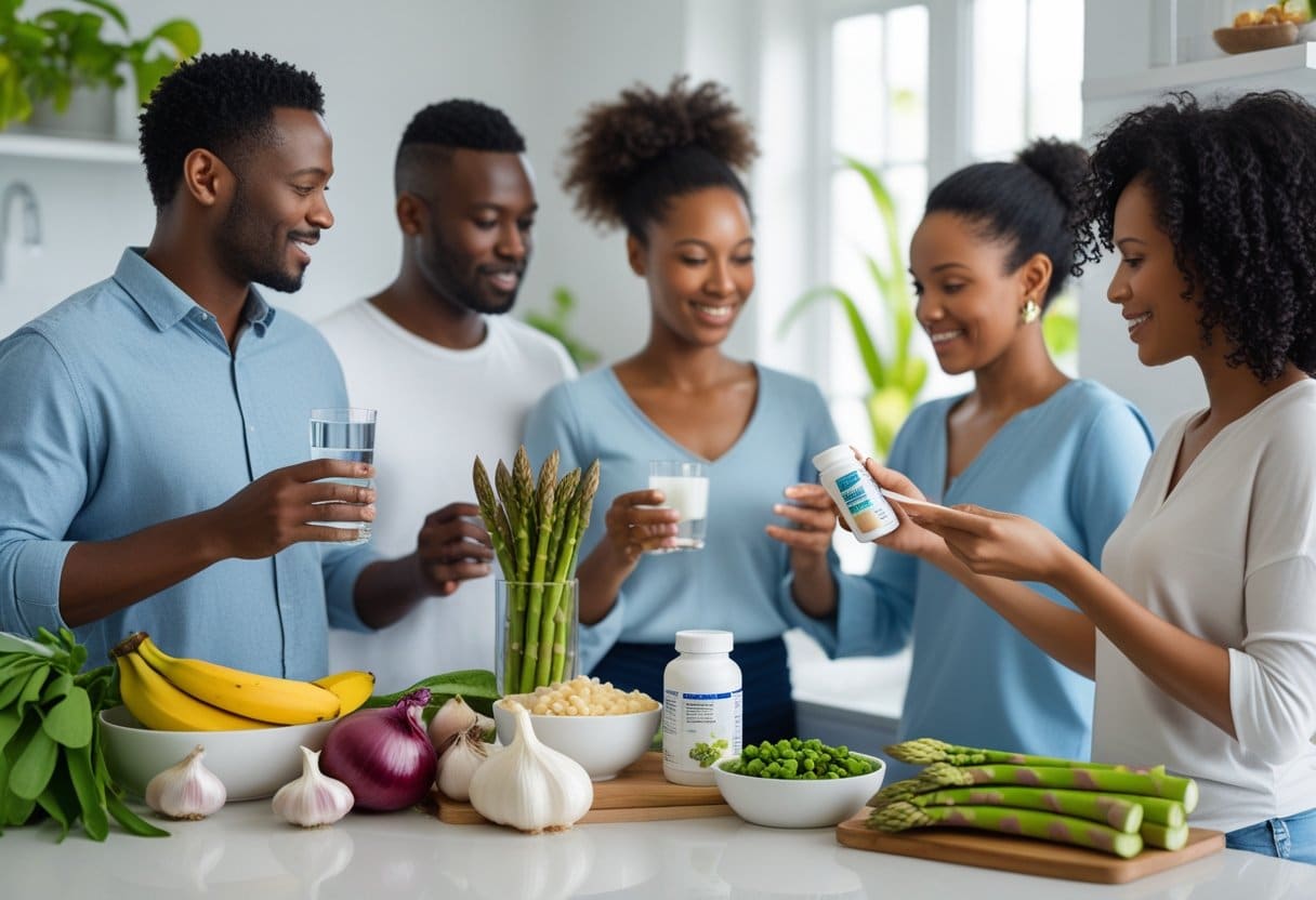 A group of adults in a bright kitchen preparing and discussing prebiotic foods and supplements for digestive health.