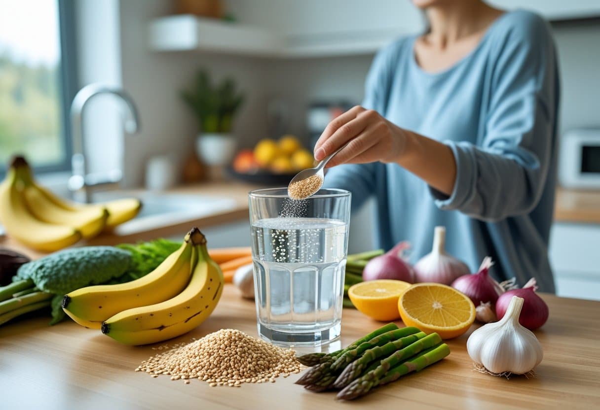 A person in a bright kitchen reaching for a glass of water with prebiotic supplement powder, surrounded by fresh fruits and vegetables.
