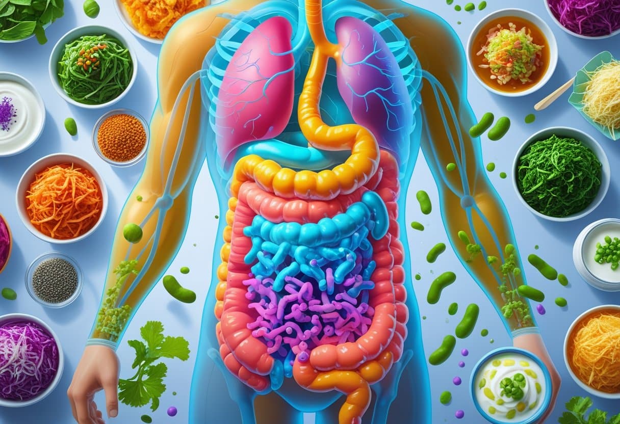 Illustration of a human body showing the digestive system with colorful fermented foods around it and glowing probiotics inside the gut.
