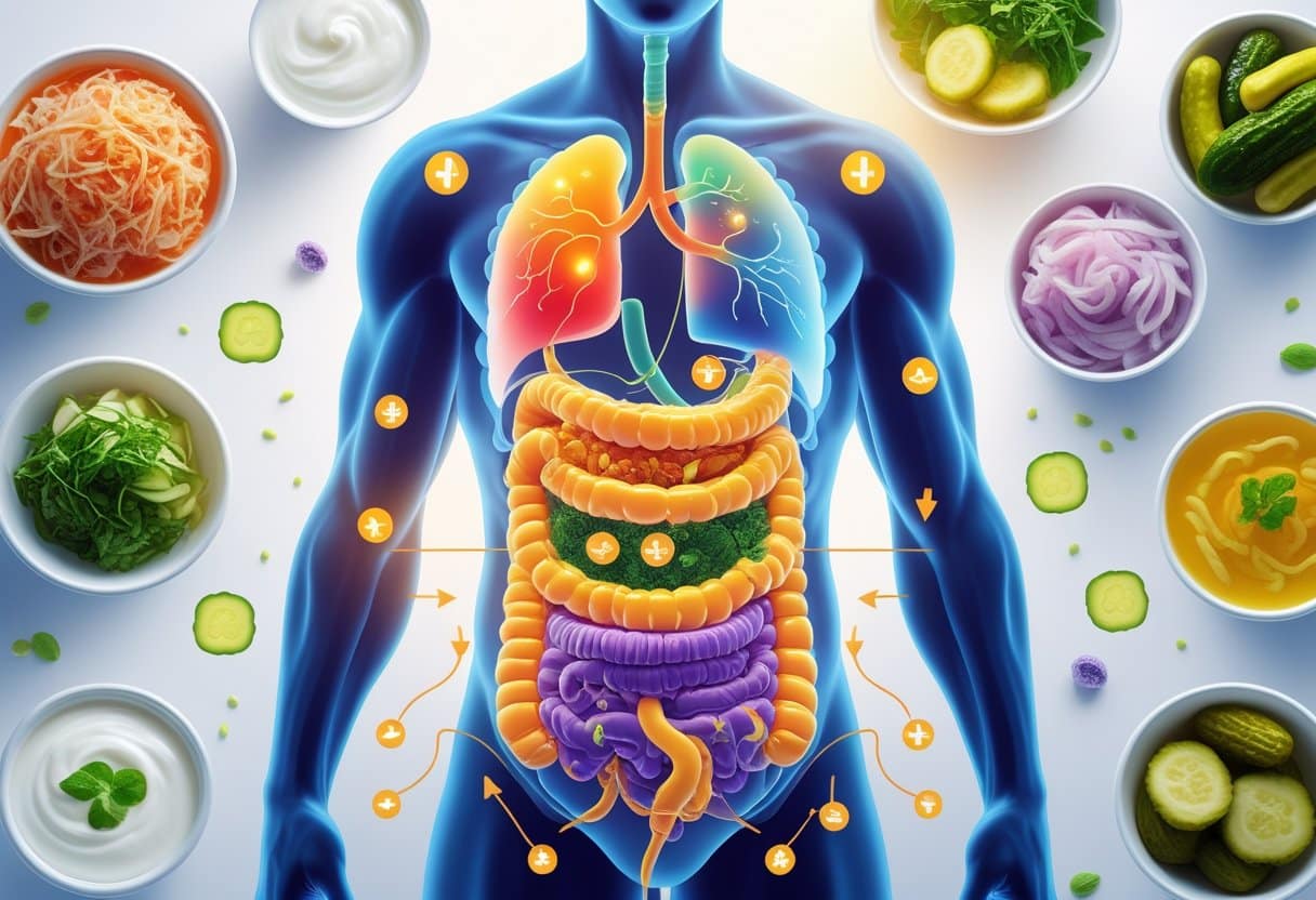 A human figure with a visible digestive system surrounded by various fermented foods like yogurt, kimchi, and pickles, illustrating the positive effects of eating fermented foods daily.