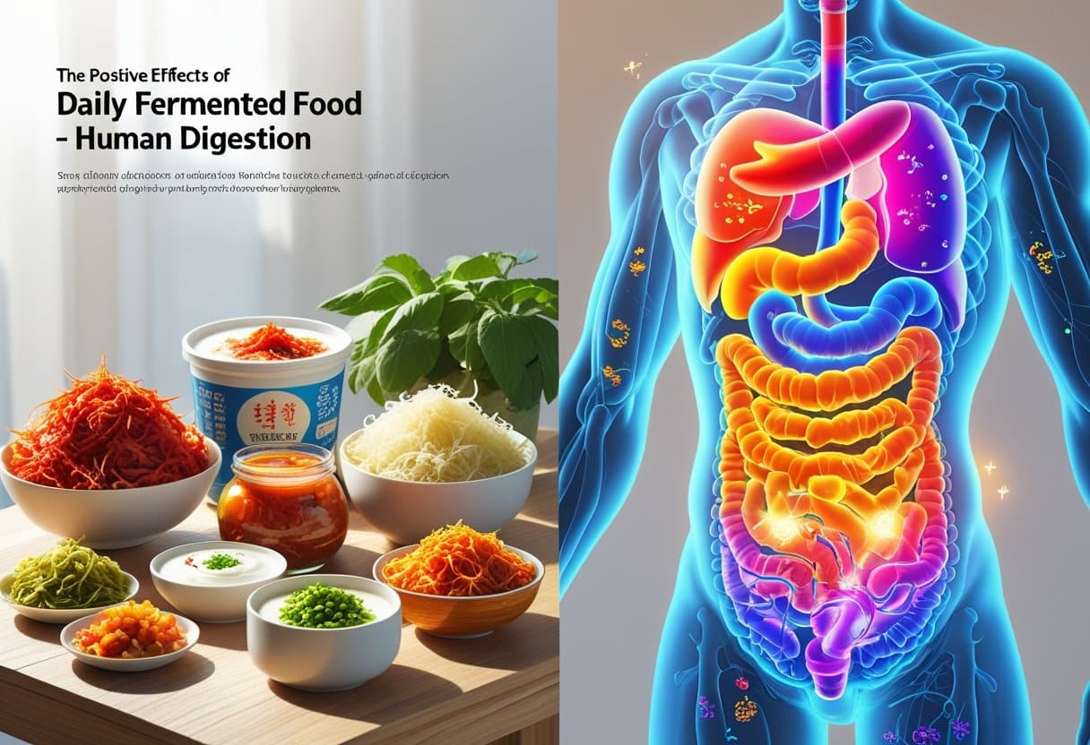 Illustration showing fermented foods next to a transparent human torso highlighting a healthy digestive system with glowing intestines and symbols representing probiotics.