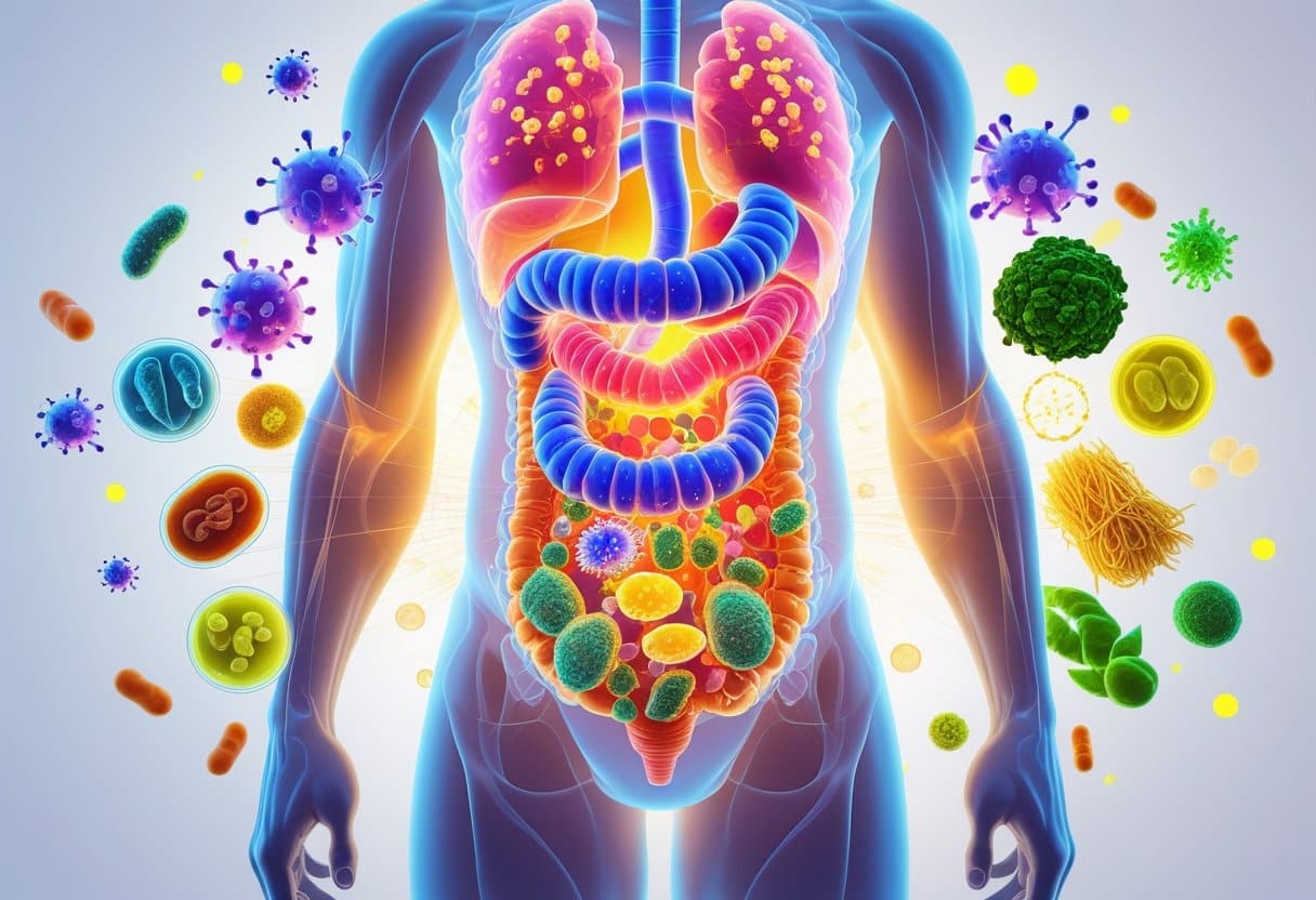 Illustration of a human torso showing a glowing gut with friendly microbes and an active immune system, surrounded by fermented foods like yogurt, kimchi, and kombucha.