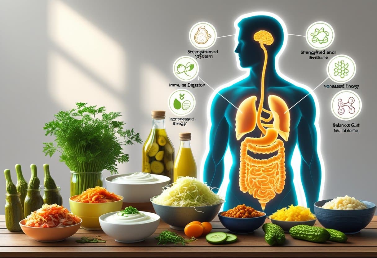 A variety of fermented foods displayed next to a glowing human silhouette highlighting the digestive system and health benefits.
