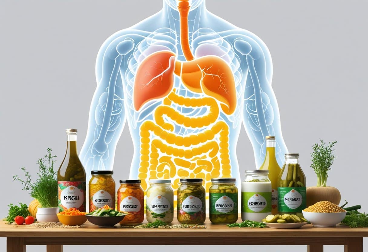 An illustration of various fermented foods on a table with a glowing outline of a human digestive system in the background, symbolizing health benefits.