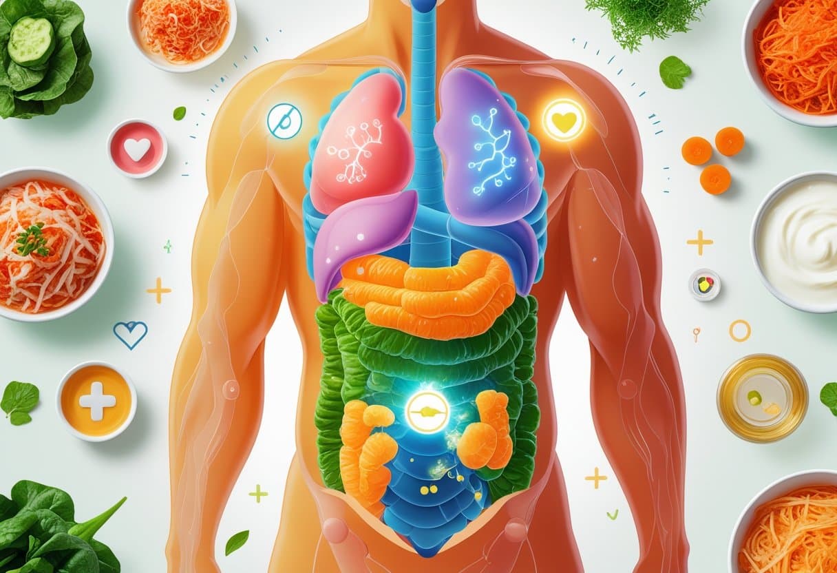 A healthy human figure with a visible digestive system surrounded by various fermented foods, showing glowing probiotic bacteria inside the gut and symbols representing improved digestion and immunity.