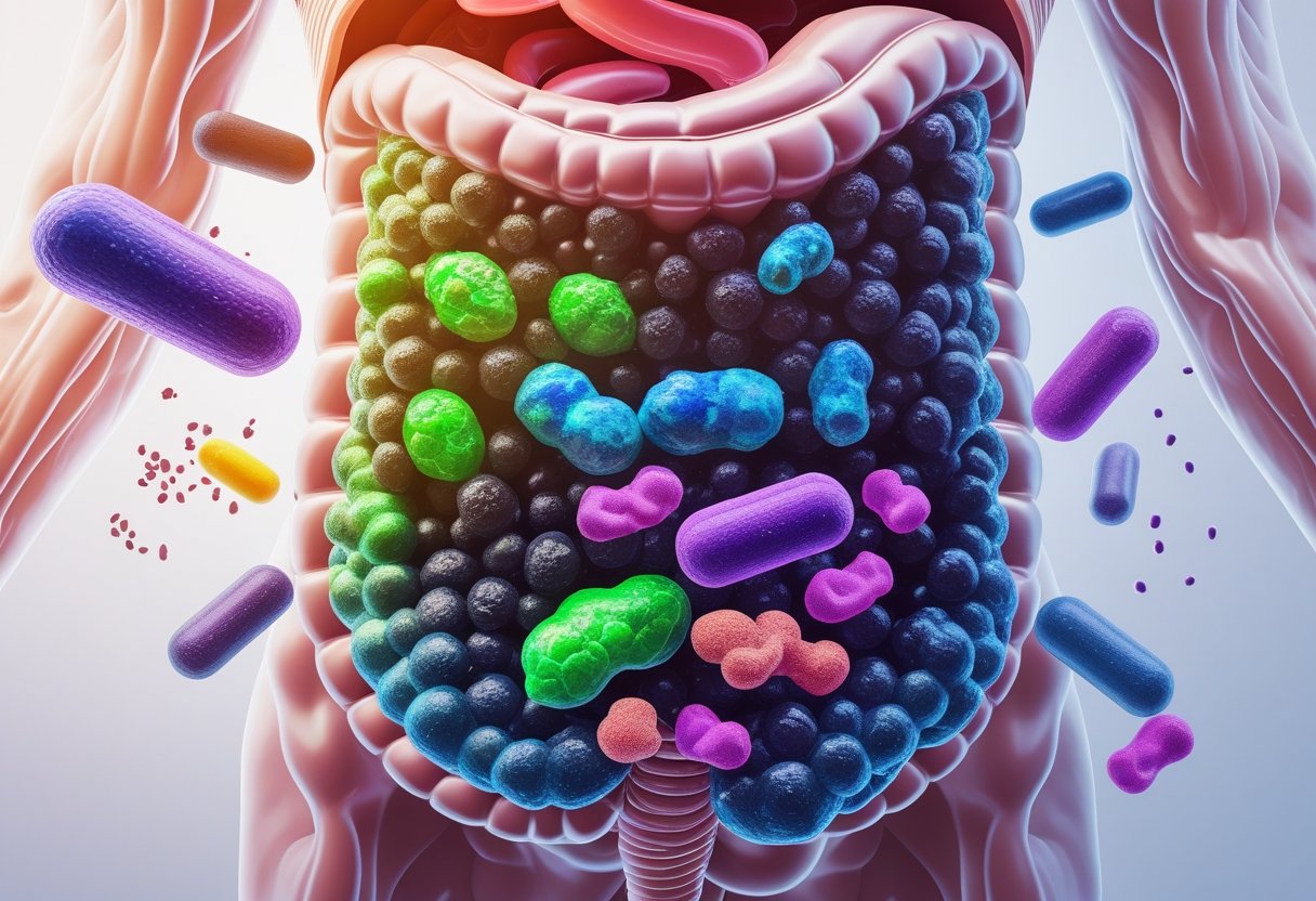 A 3D cross-section of a human gut showing healthy and unhealthy bacteria with surrounding fruits, vegetables, and probiotic capsules representing ways to improve gut health.