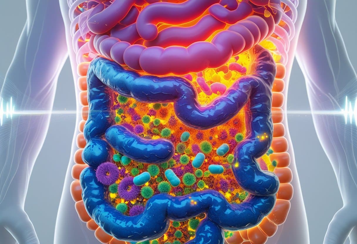 3D rendering of a human gut showing colorful bacteria inside, with areas representing healthy and unhealthy microbiomes.