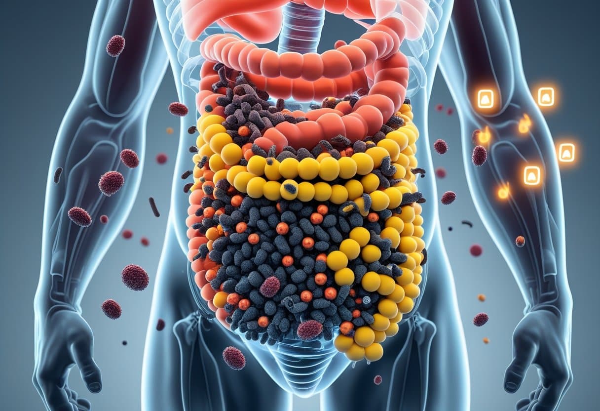 3D rendering of a transparent human torso showing intestines with unhealthy bacteria and visual cues of gut discomfort.