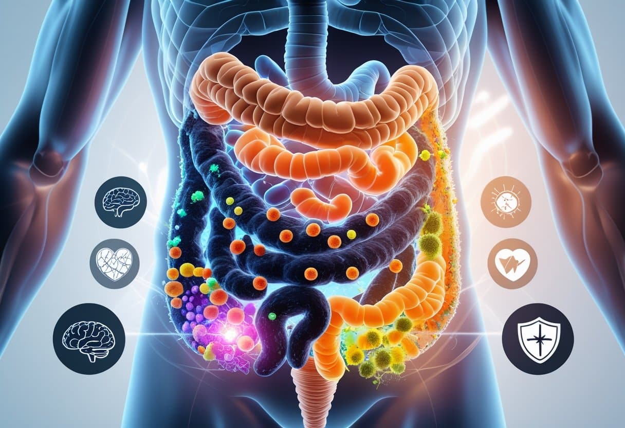 A 3D view of a human torso showing the intestines with contrasting healthy and unhealthy gut areas, surrounded by icons representing effects on the brain, skin, heart, and immune system.