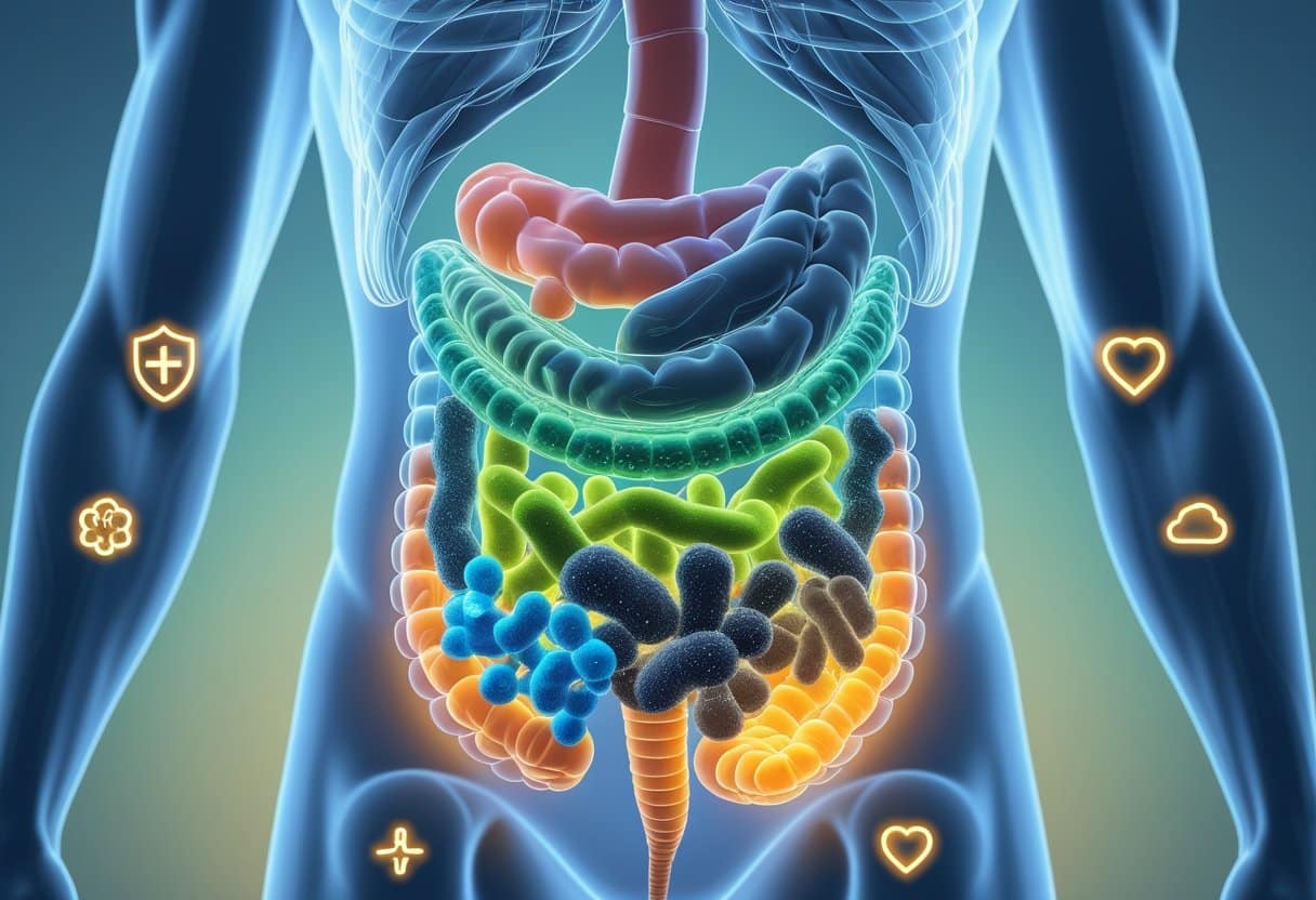 3D rendering of a human torso showing the gut with healthy and unhealthy bacteria, surrounded by icons representing immune system, mood, and overall health.