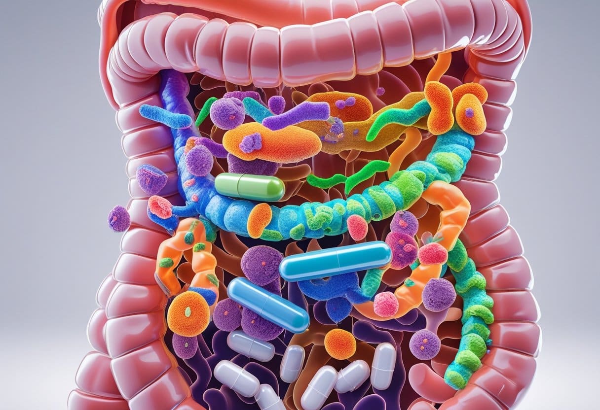 Cross-sectional 3D view of human intestines showing beneficial and harmful bacteria, causes of gut imbalance like unhealthy food and stress, signs of an unhealthy gut, and visual representations of solutions such as probiotics and healthy foods.