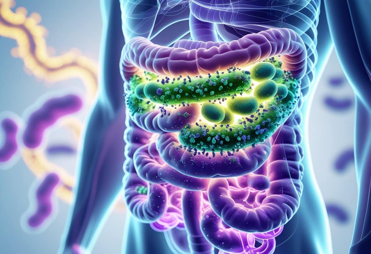 A 3D view of a human torso showing a glowing, colorful large intestine filled with diverse beneficial bacteria, illustrating a healthy gut microbiome.