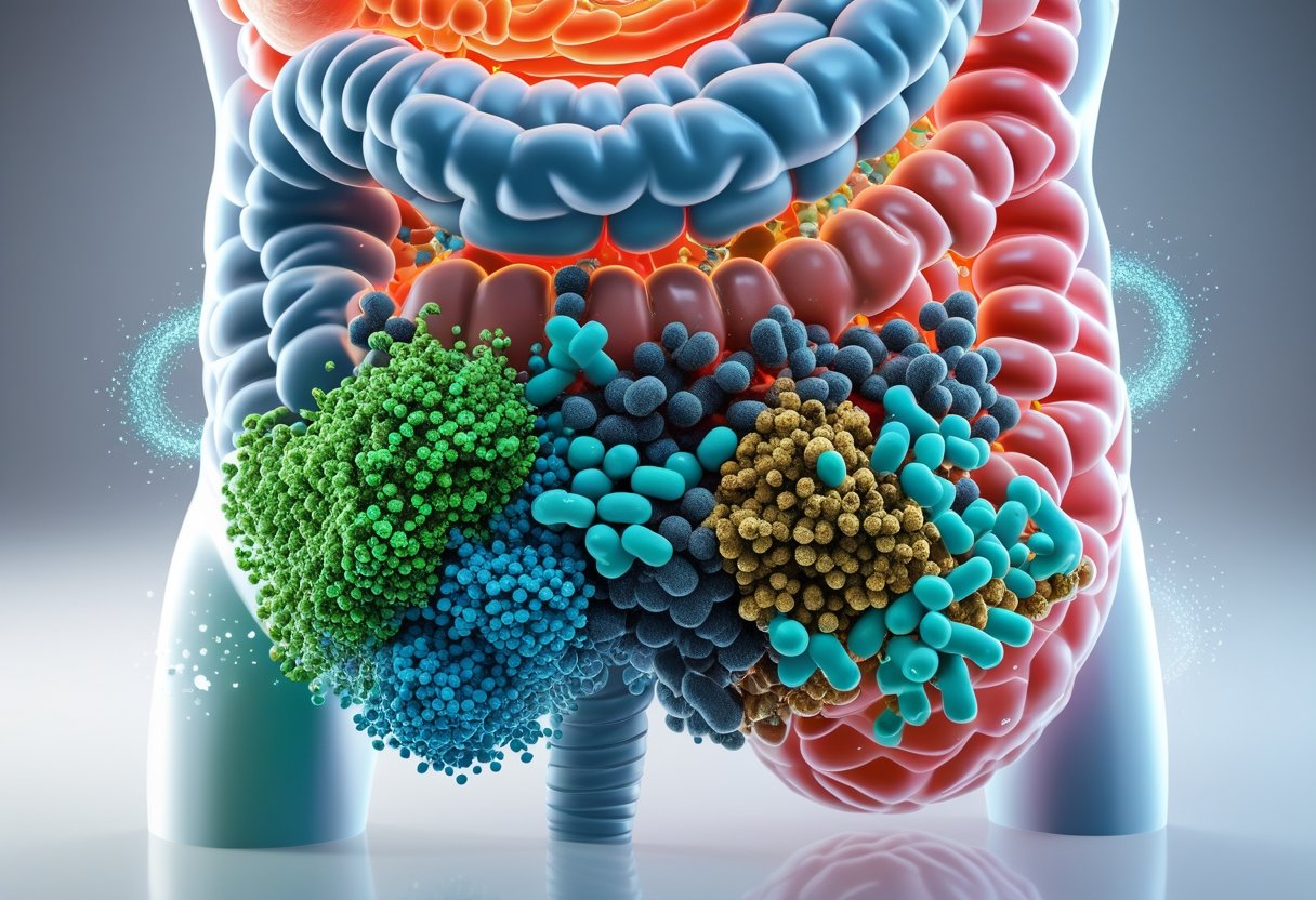 3D rendering of a human gut showing colorful healthy and unhealthy bacteria with glowing areas indicating inflammation.