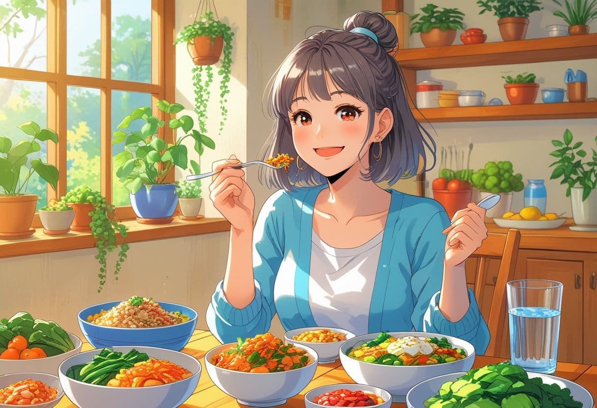 A young woman happily eating a variety of healthy foods at a table in a bright kitchen filled with plants.