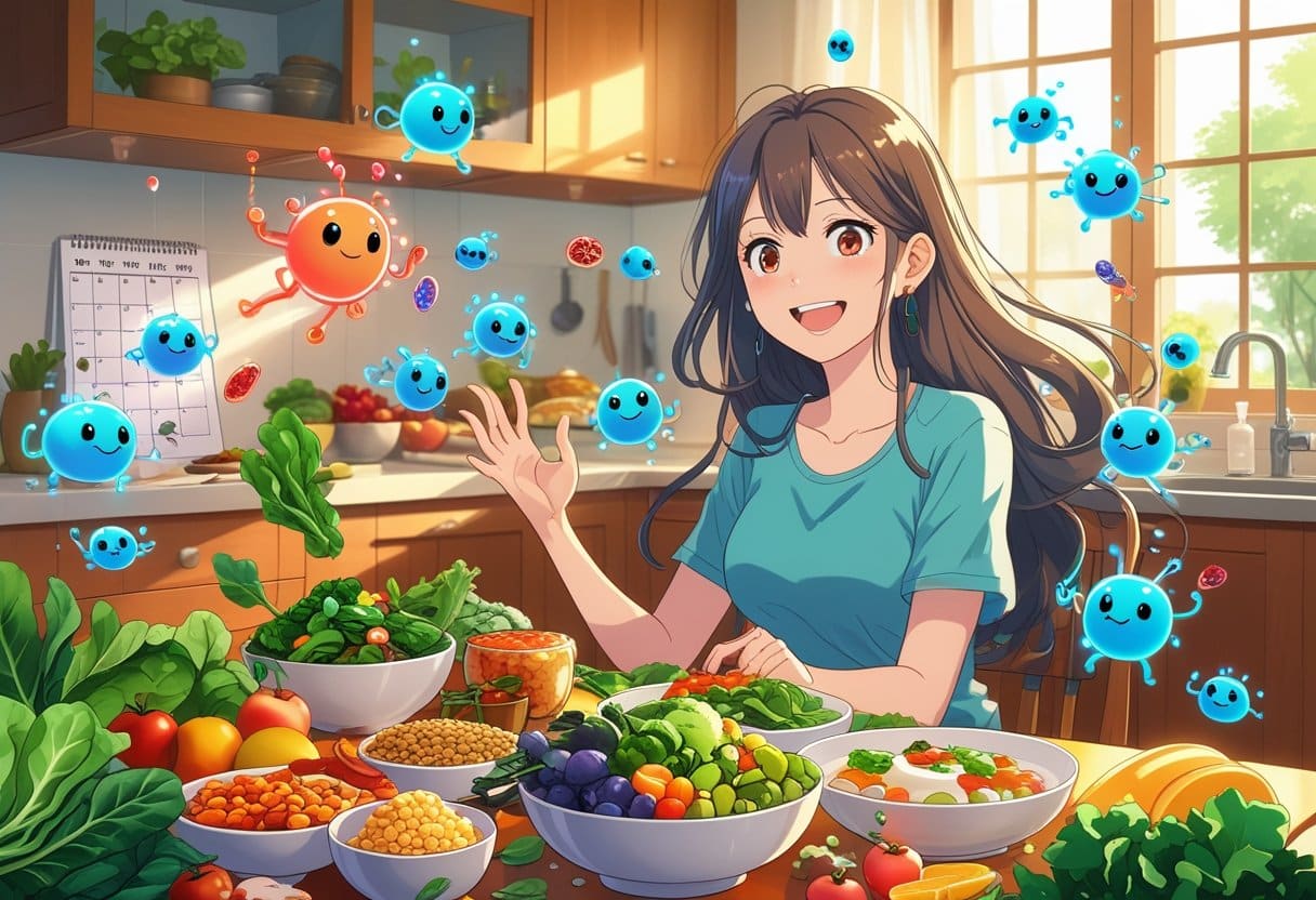 A young woman sitting at a table with fresh healthy foods, surrounded by colorful friendly bacteria characters, in a warm kitchen setting.