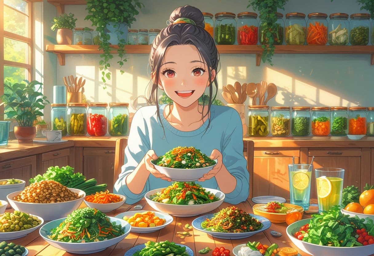 A young woman happily sitting at a table filled with healthy foods like vegetables, fermented dishes, and fruits in a bright kitchen.