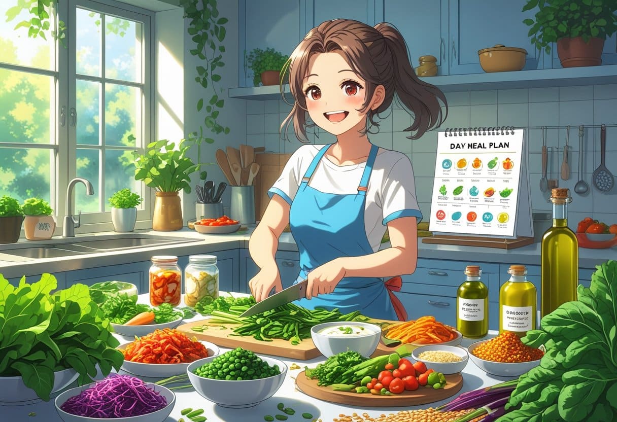A young woman happily preparing various fresh and healthy foods in a bright kitchen with vegetables, fermented foods, and a meal plan visible in the background.