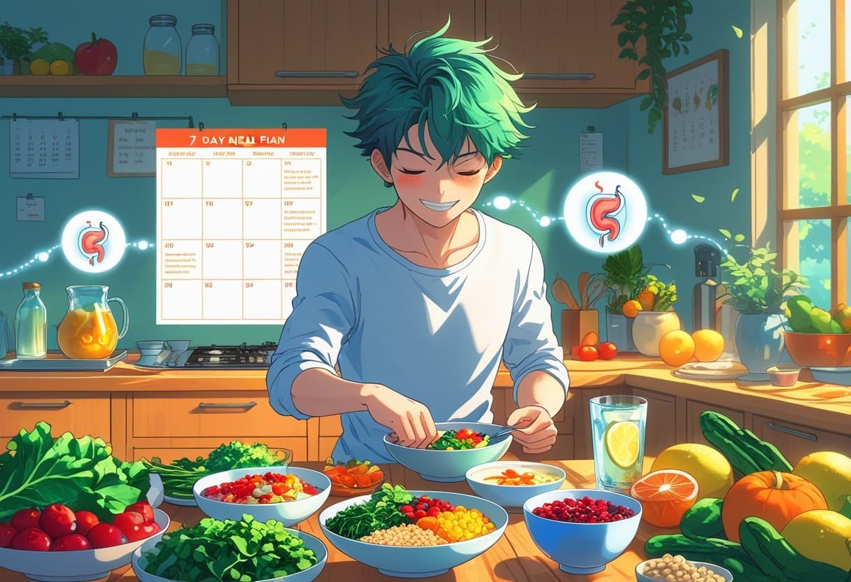 A person preparing a healthy meal with fresh fruits, vegetables, and fermented foods in a bright kitchen, surrounded by symbols representing digestion and gut health.