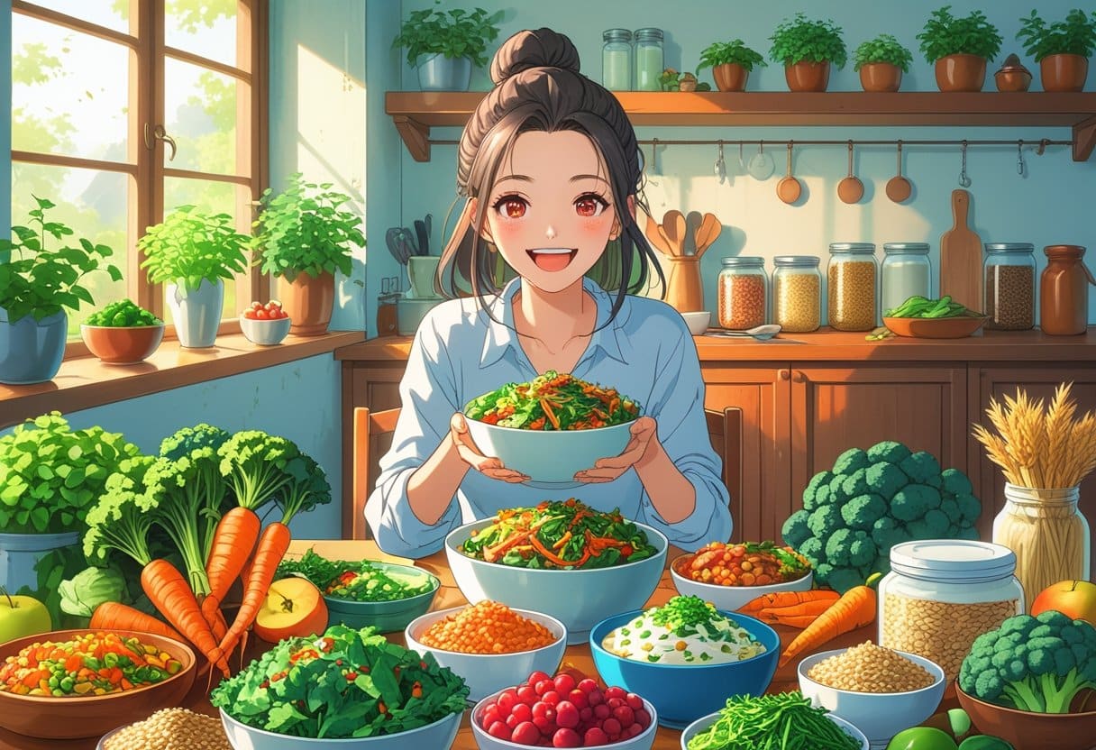 A young woman smiling at a table filled with fresh vegetables, fruits, and fermented foods in a cozy kitchen setting.