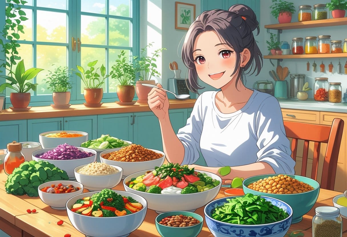 A young woman sitting at a table with a variety of healthy foods arranged for a week-long gut-friendly meal plan in a bright kitchen.