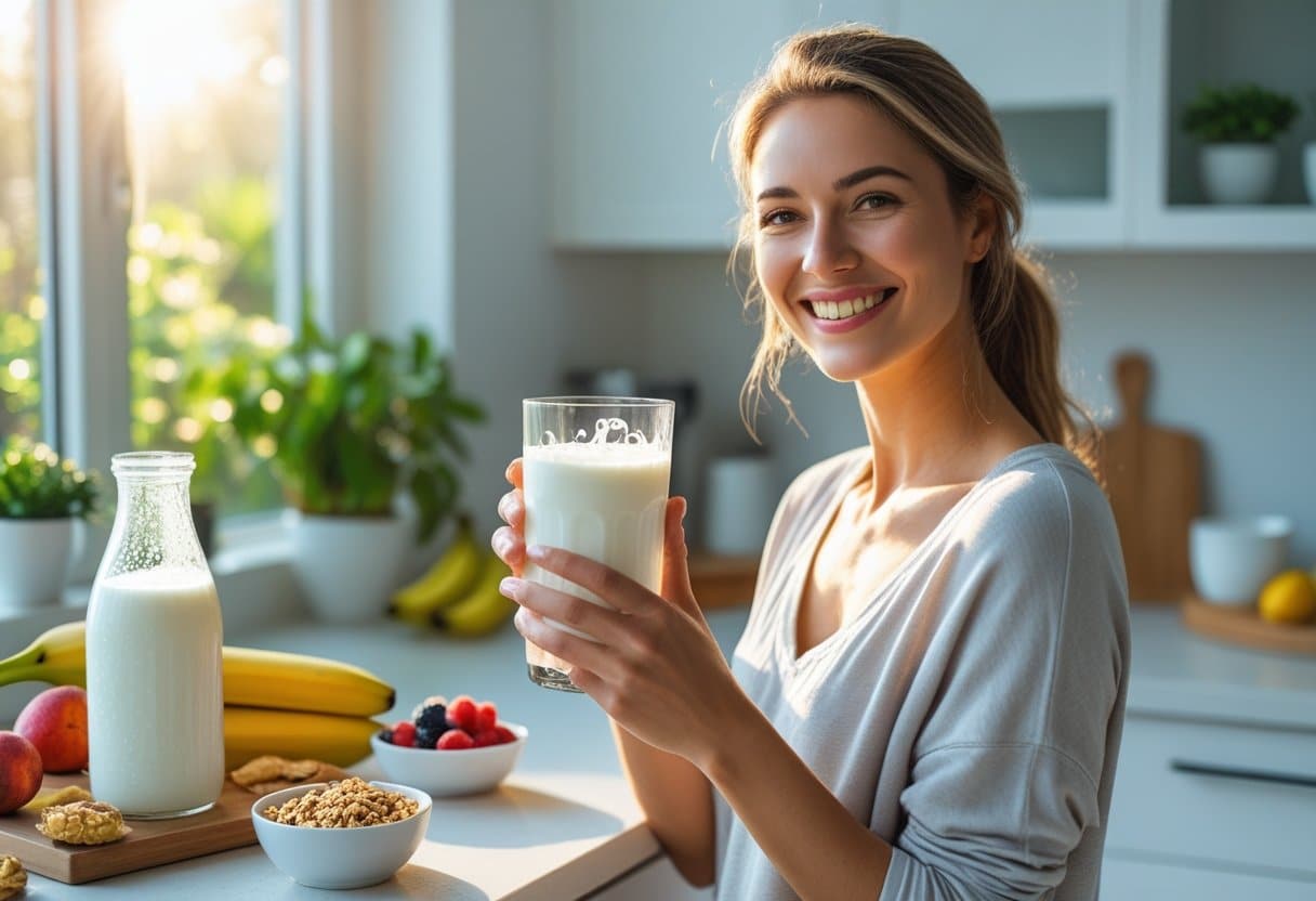 A young woman in a bright kitchen holding a glass of kefir with fresh fruits and a bottle of kefir on the counter.
