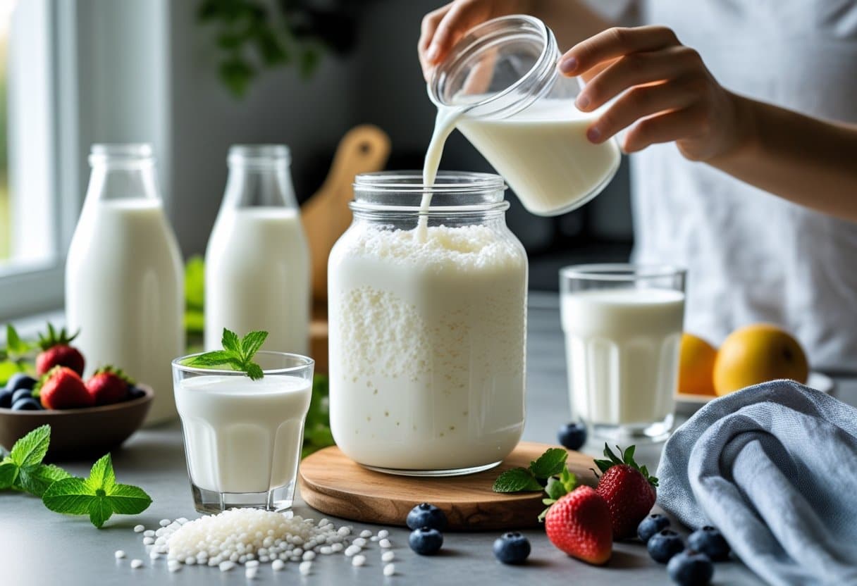 A glass jar of kefir on a kitchen countertop with kefir grains, a glass of kefir, fresh fruits, and a hand pouring kefir into a glass.