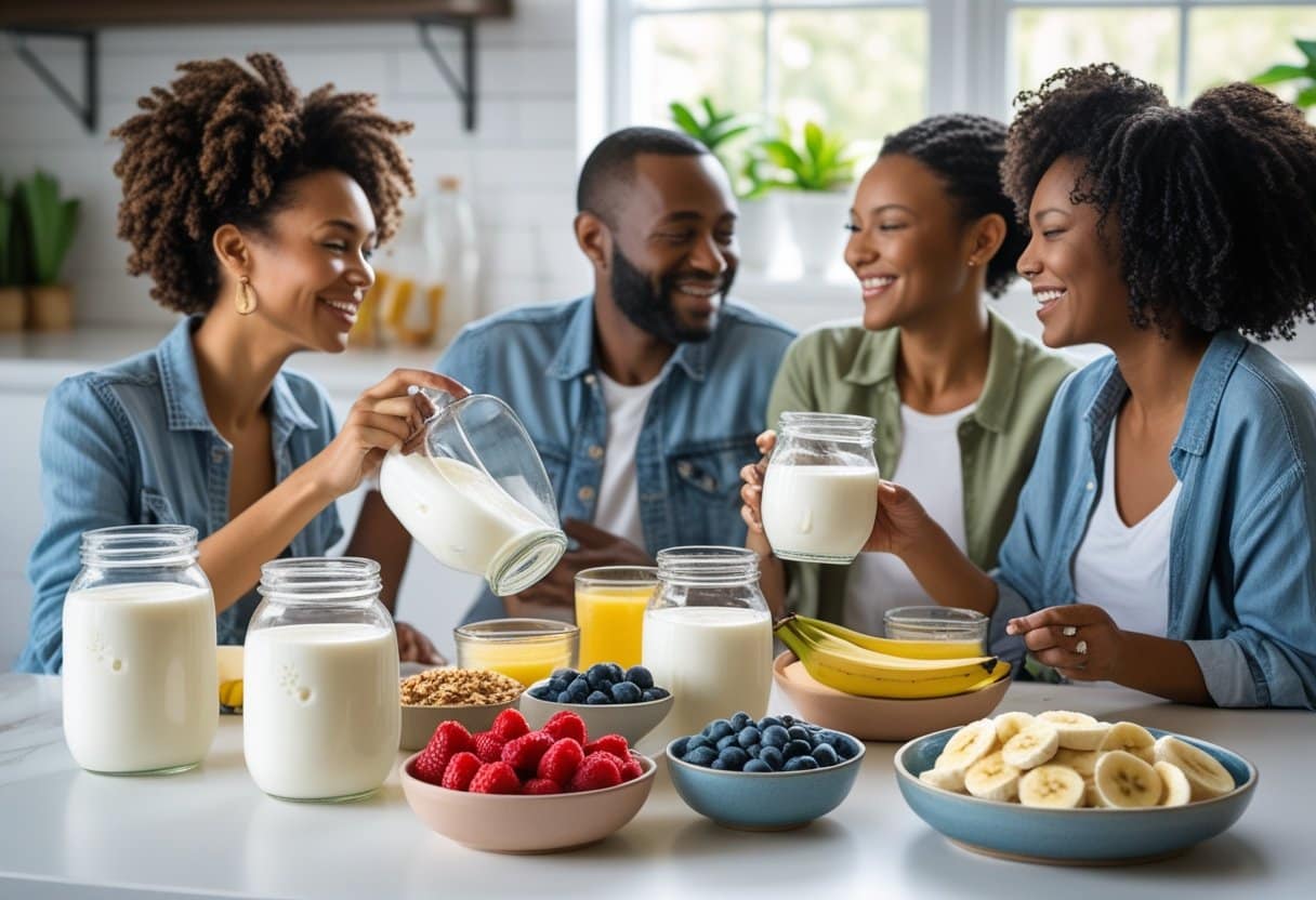 Three adults enjoying breakfast with glasses and jars of kefir, fresh fruits, and granola on a kitchen table.