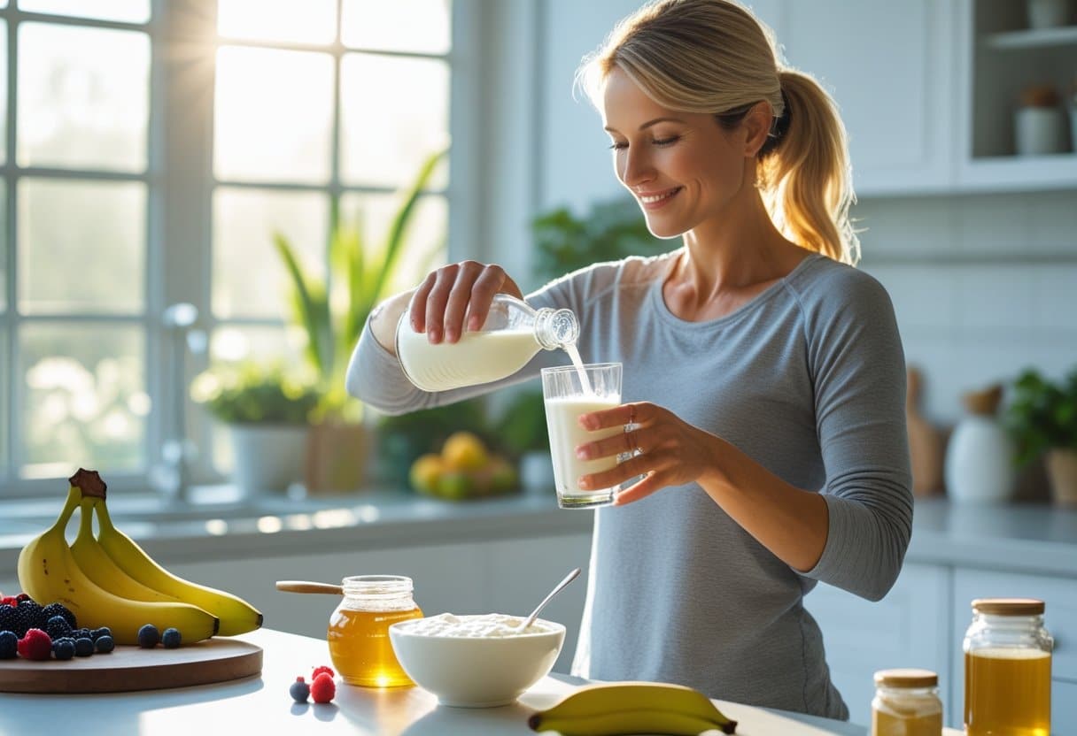 A woman pouring kefir into a glass in a bright kitchen with fresh fruits and plants nearby.