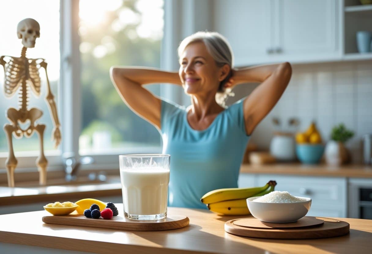 A glass of kefir on a kitchen countertop with fresh fruits, a woman stretching in the background, and soft sunlight coming through a window.