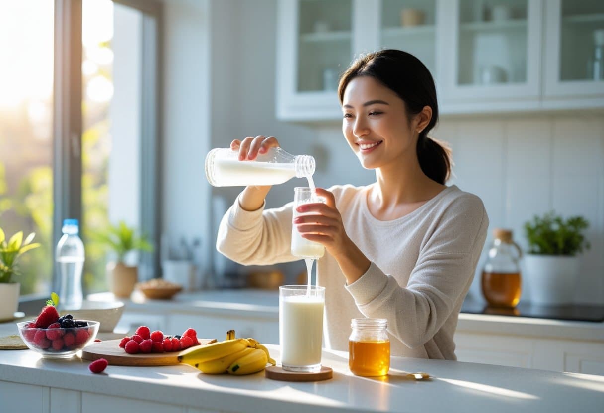 A woman pouring a glass of kefir in a bright kitchen with fresh fruits and healthy food on the countertop.