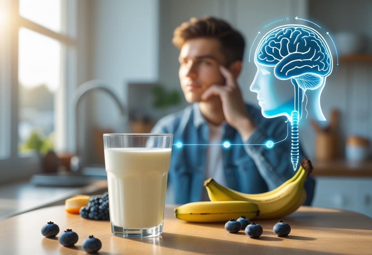 A glass of kefir on a wooden table with fresh fruits, and a young adult touching their temple thoughtfully in a bright kitchen, symbolizing the connection between gut health and mental well-being.