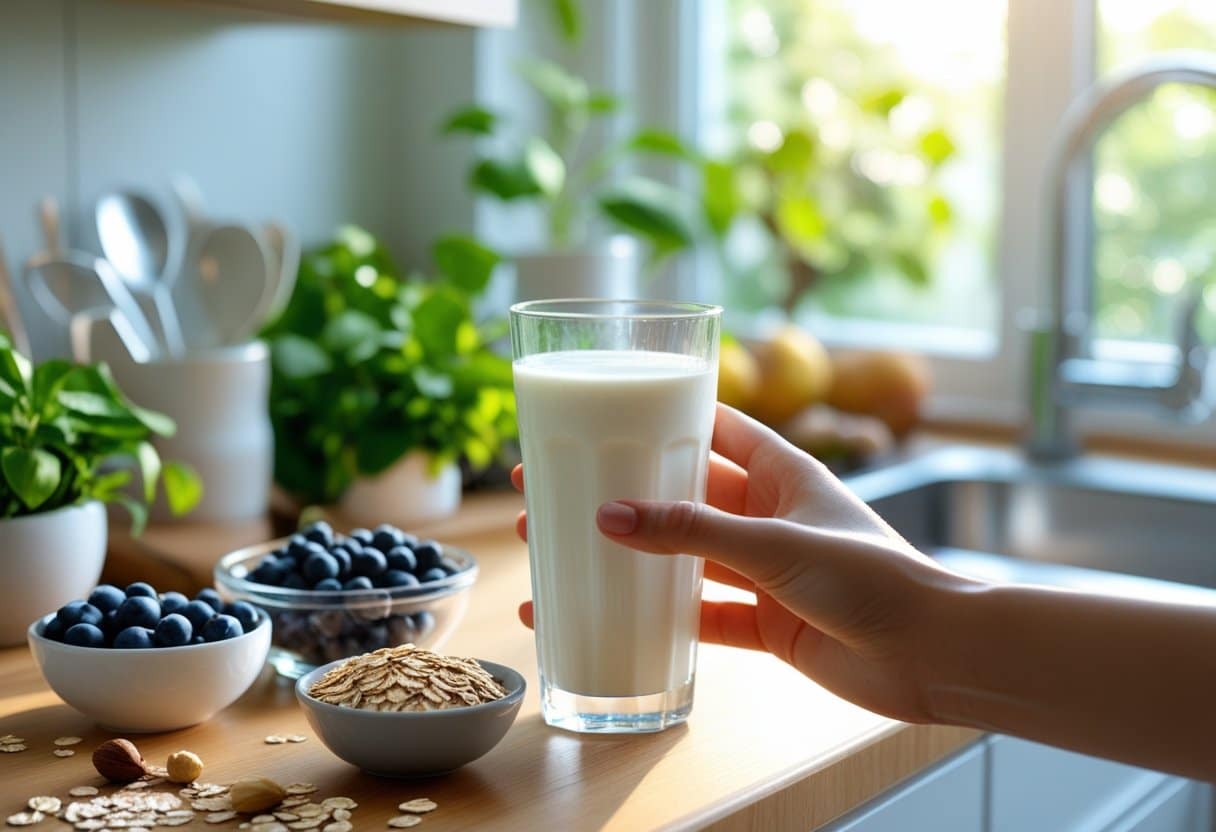A person holding a glass of kefir on a kitchen counter with fresh berries and oats nearby in morning light.