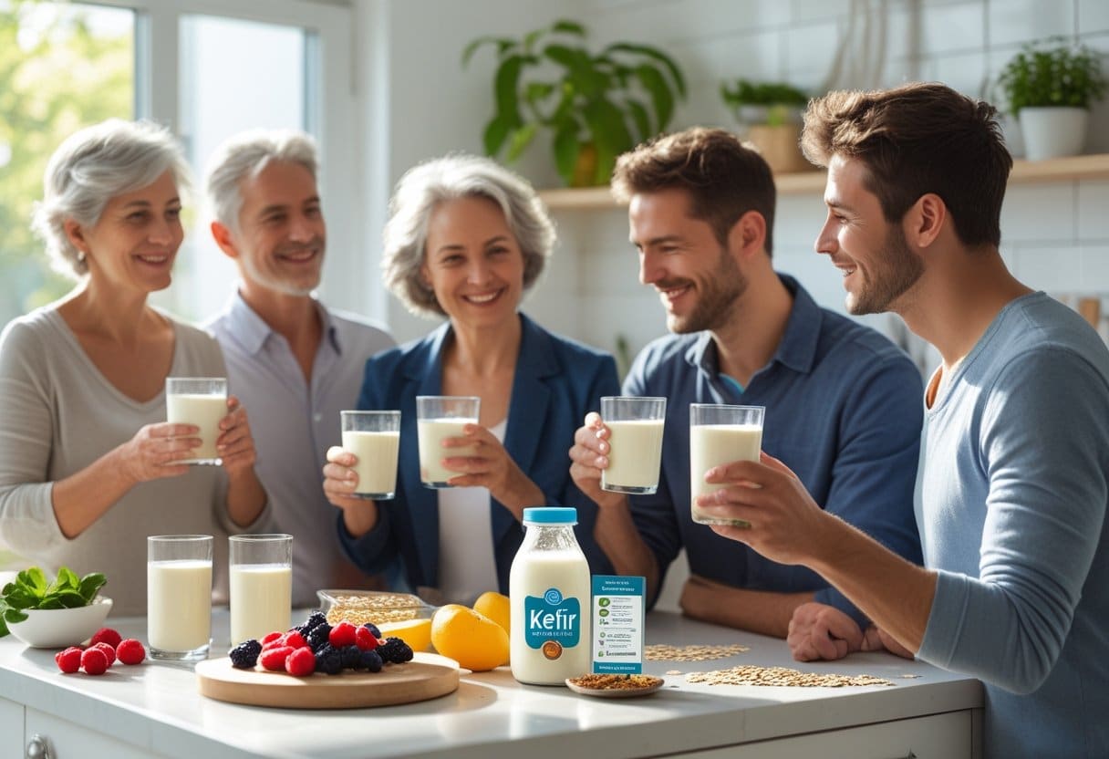 People in a kitchen holding glasses of kefir with fresh ingredients on the counter and sunlight coming through a window.