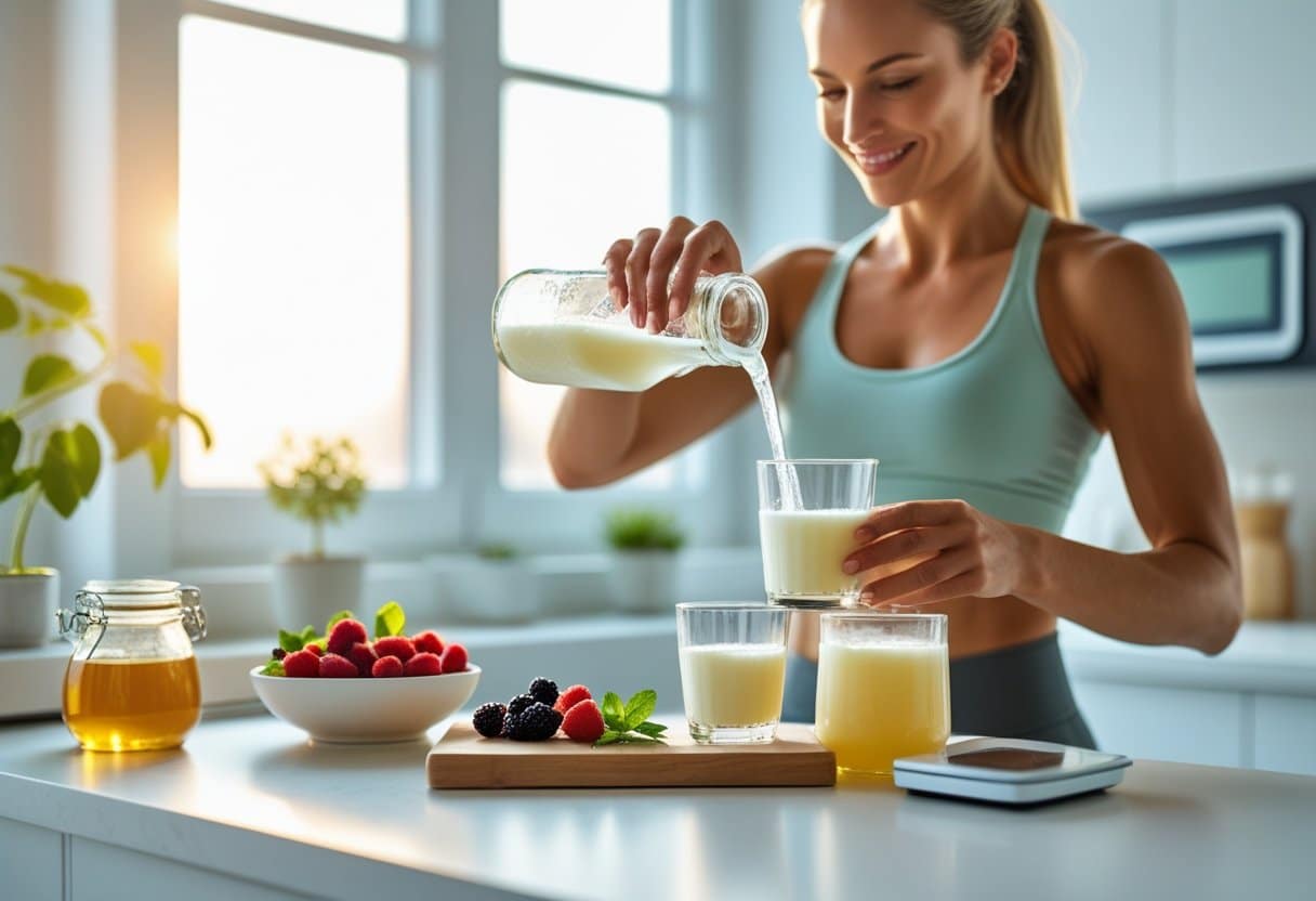 A woman pouring kefir into a glass in a bright kitchen with fresh fruits and kefir grains on the counter.