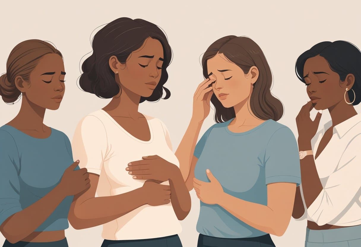 Four women showing subtle signs of digestive discomfort and fatigue, each indicating different symptoms related to SIBO.