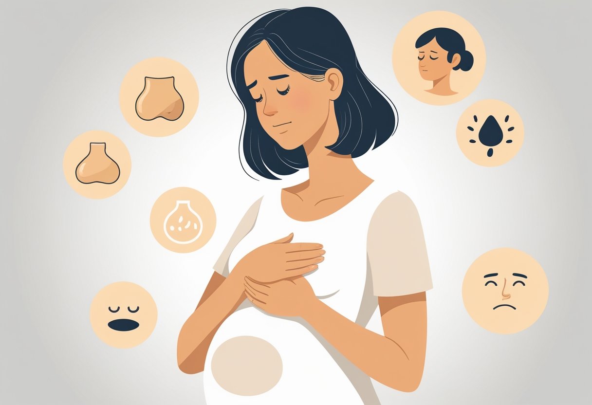 A woman gently holding her stomach with a concerned expression, surrounded by icons representing digestive discomfort and fatigue.