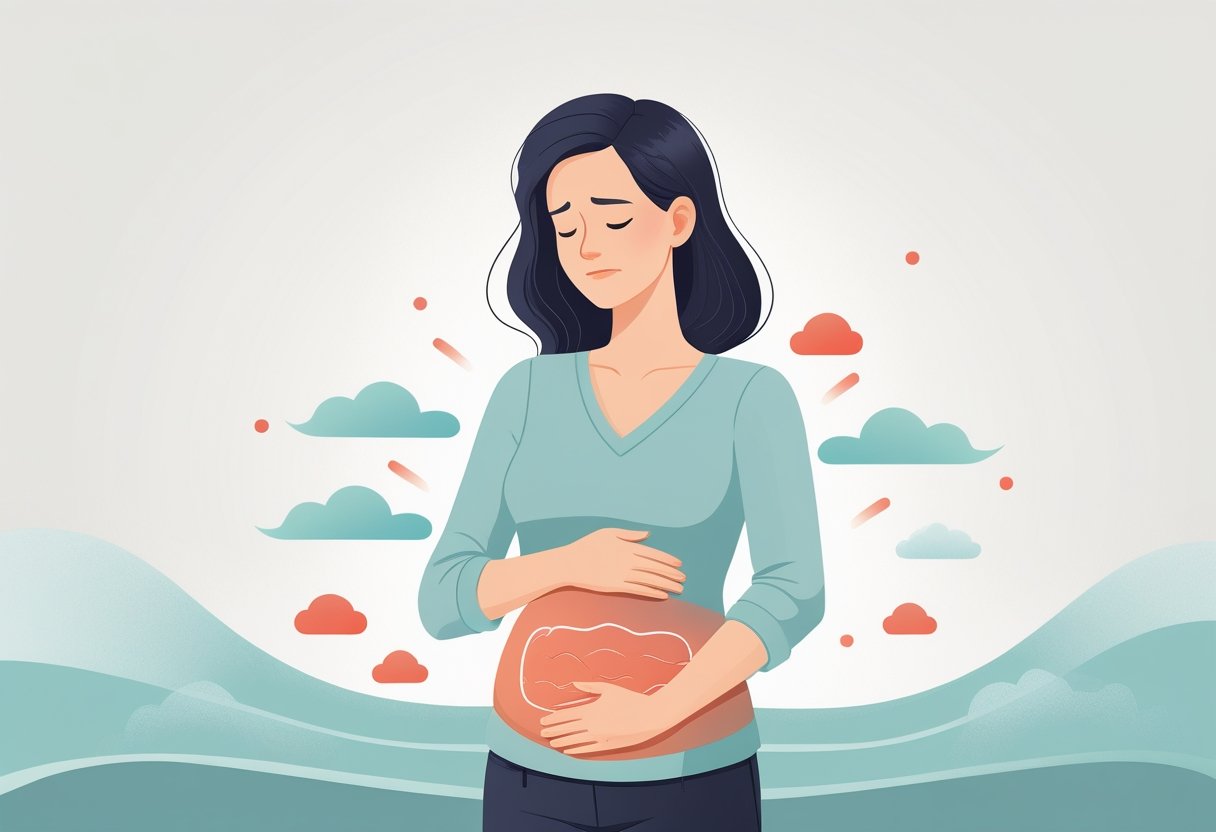 A woman holding her abdomen with subtle visual cues indicating digestive discomfort.