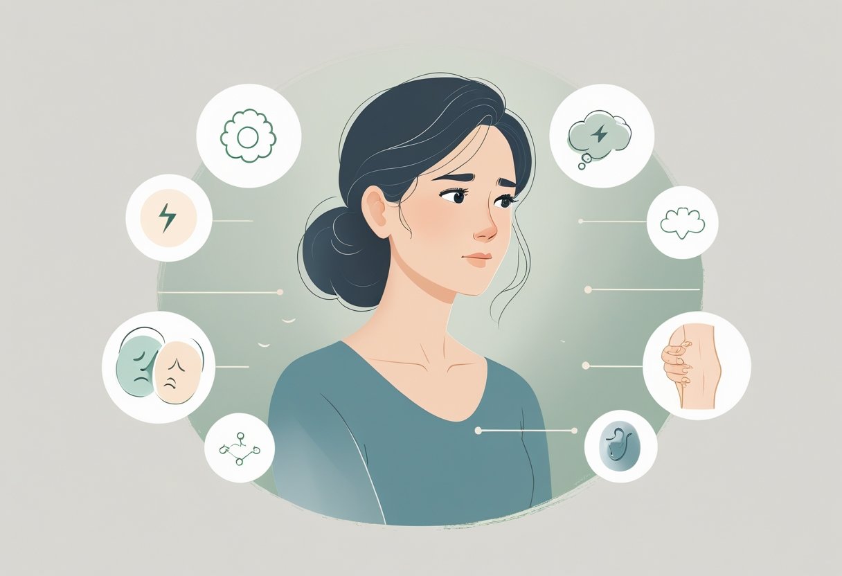 A woman surrounded by subtle icons representing fatigue, brain fog, mood changes, joint discomfort, and skin irritation.