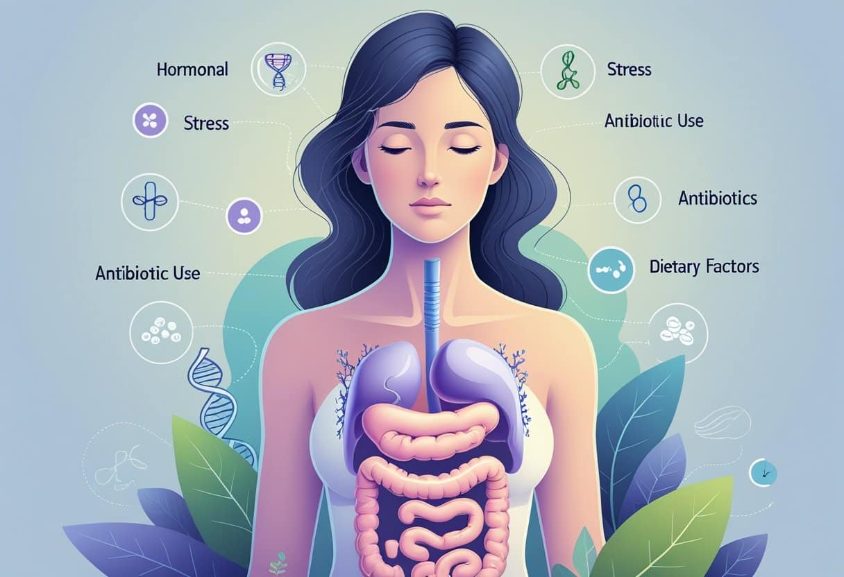 A woman with a transparent view of her digestive system highlighting the small intestine, surrounded by symbols representing hormonal imbalance, stress, antibiotics, and diet as causes of digestive issues.