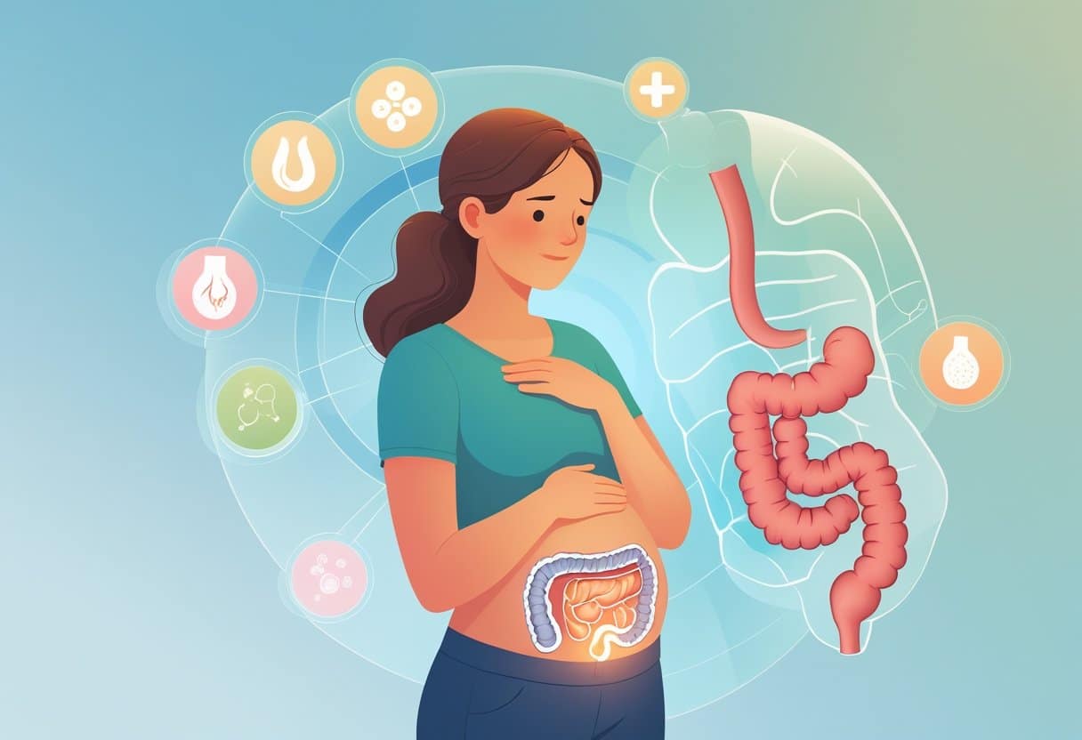 A woman holding her abdomen with a transparent overlay of the digestive system highlighting the small intestine, surrounded by visual icons representing digestive symptoms and health risks.
