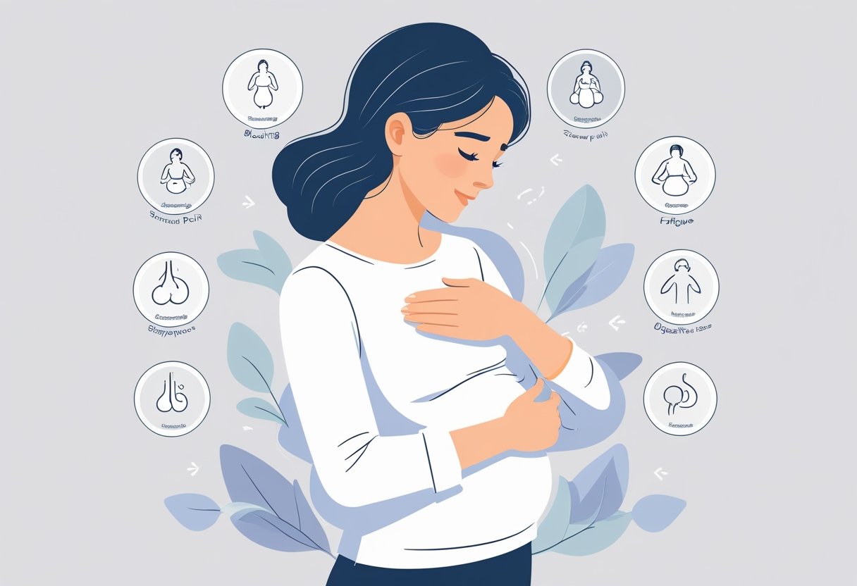 A woman gently holding her abdomen with icons around her representing digestive discomfort and related symptoms.