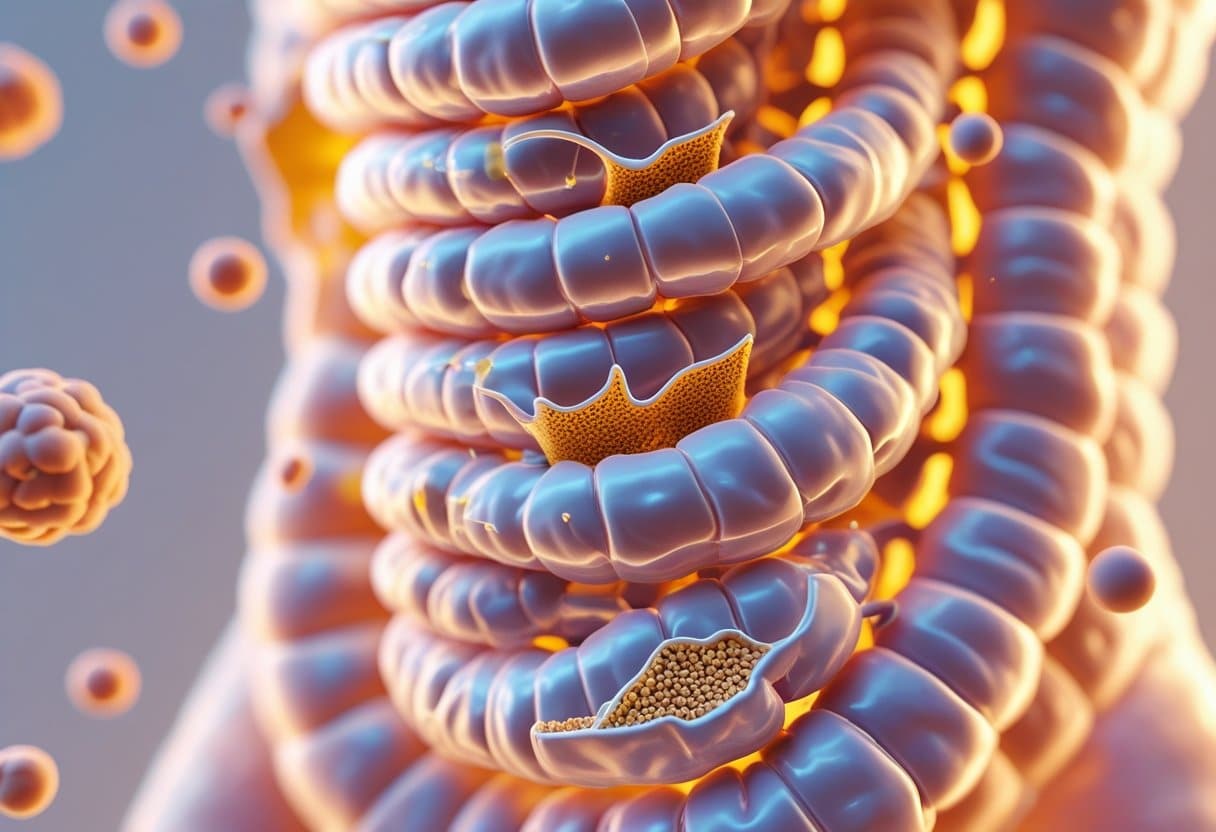 3D rendering of a human small intestine showing gaps in the intestinal lining with particles passing through and immune cells nearby.