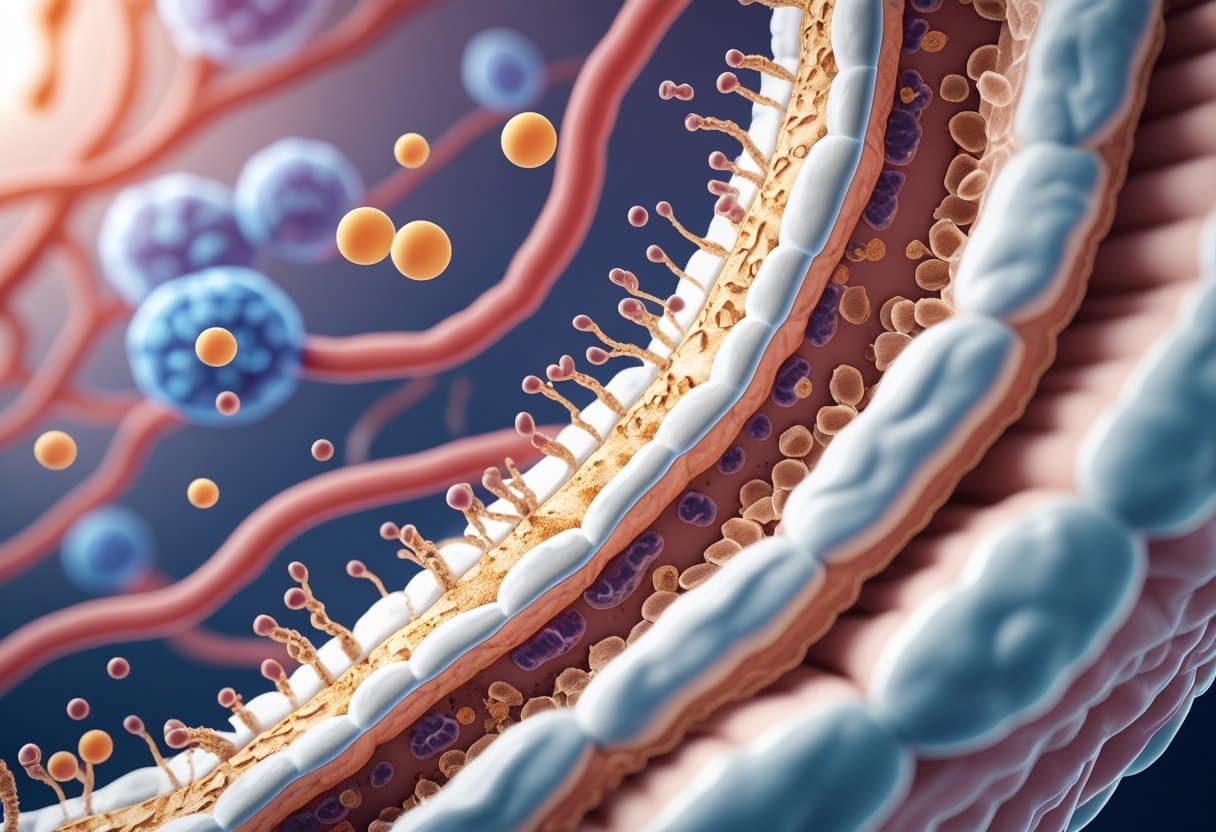 Cross-sectional view of the intestinal lining showing gaps between cells with particles passing through and immune cells reacting below.