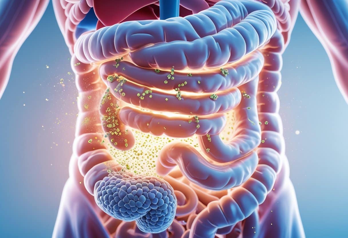 3D rendering of a human small intestine showing pores leaking particles into the bloodstream, with areas of healthy and inflamed tissue visible.