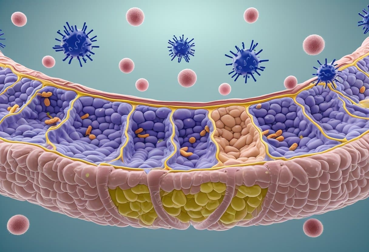 Cross-section of a human intestine showing damaged areas where particles pass through the intestinal wall with immune cells nearby reacting to them.