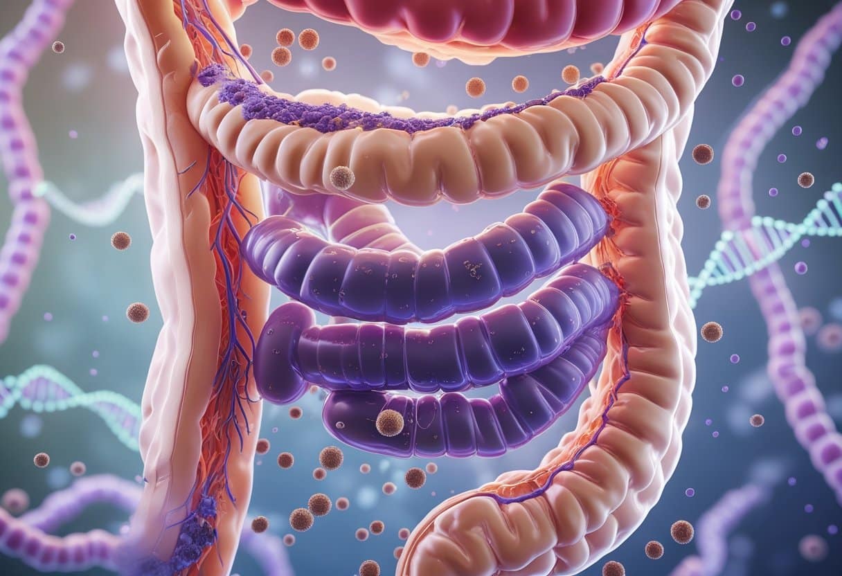 A cross-section of the small intestine showing damaged areas with particles passing through the intestinal wall, surrounded by molecular structures.