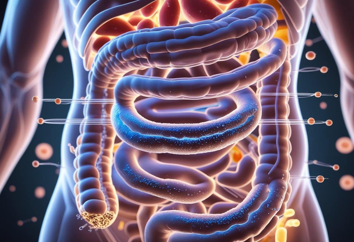A 3D rendering of a human digestive system showing porous intestinal walls with particles passing through, surrounded by immune cells indicating inflammation.
