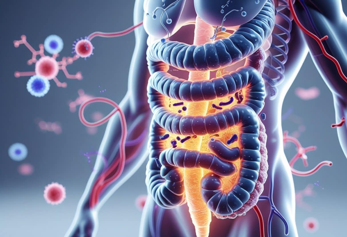 3D rendering of a human torso showing intestines with areas leaking bacteria and toxins into the bloodstream, surrounded by medical symbols.