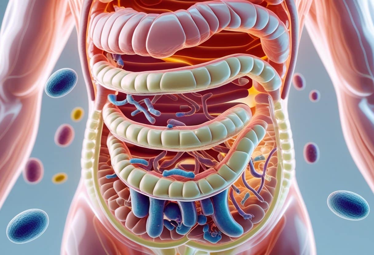 Cross-sectional view of human intestines showing healthy and damaged gut lining with bacteria and immune cells nearby.
